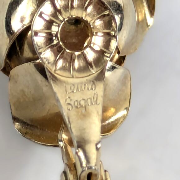 Vtg Clip-On Earrings Lewis Segal Signed Gold Tone Rose Amber Rhinestones Flower - Picture 4 of 6